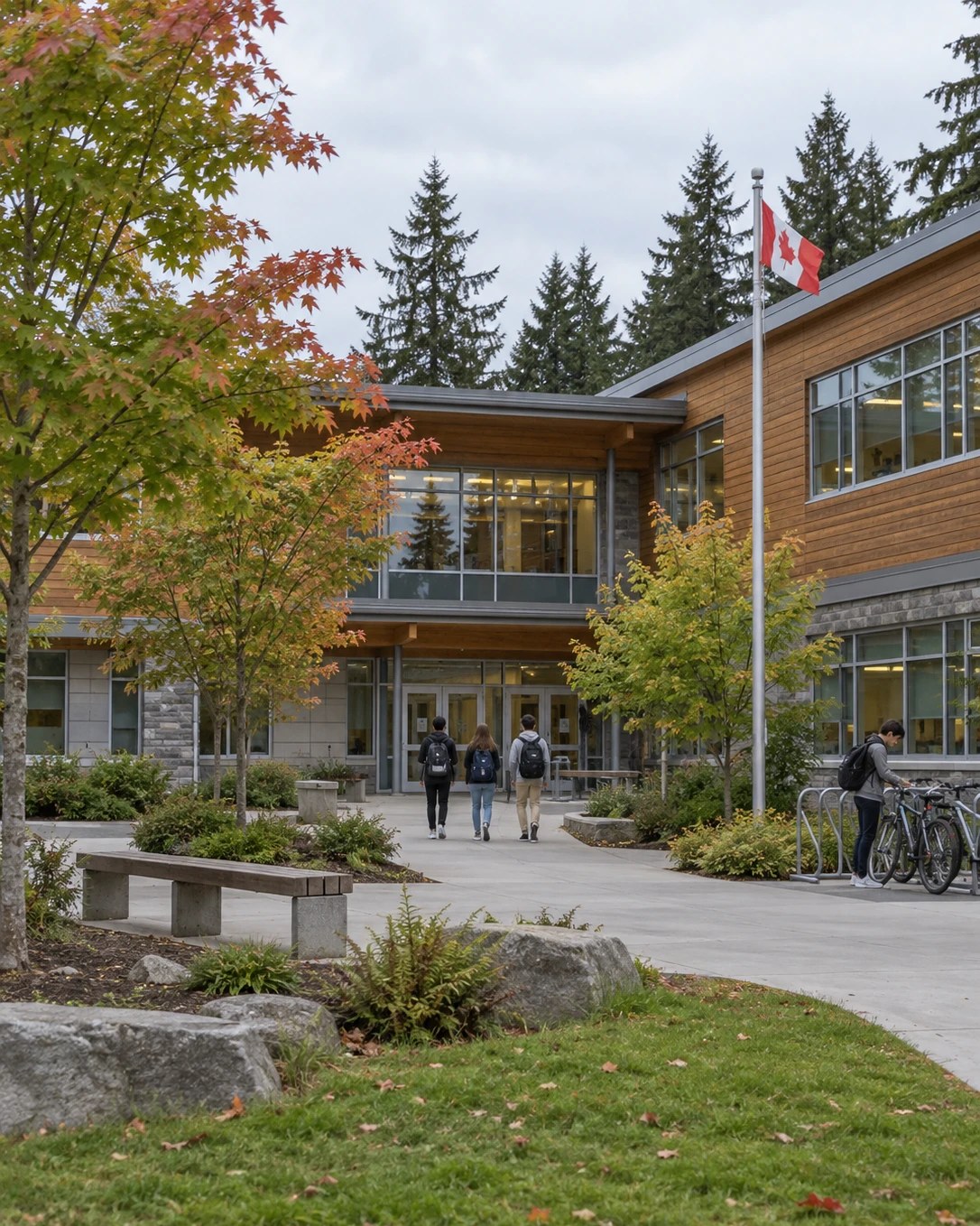 Colegio de madera y piedra con una bandera de Canadá y alumnos entrando por la puerta