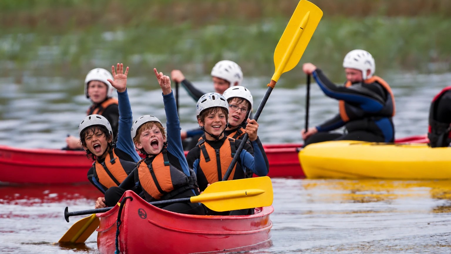 Niños con casco y chaleco salvavidas levantan los brazos, riendo, en una canoa roja sobre un lago