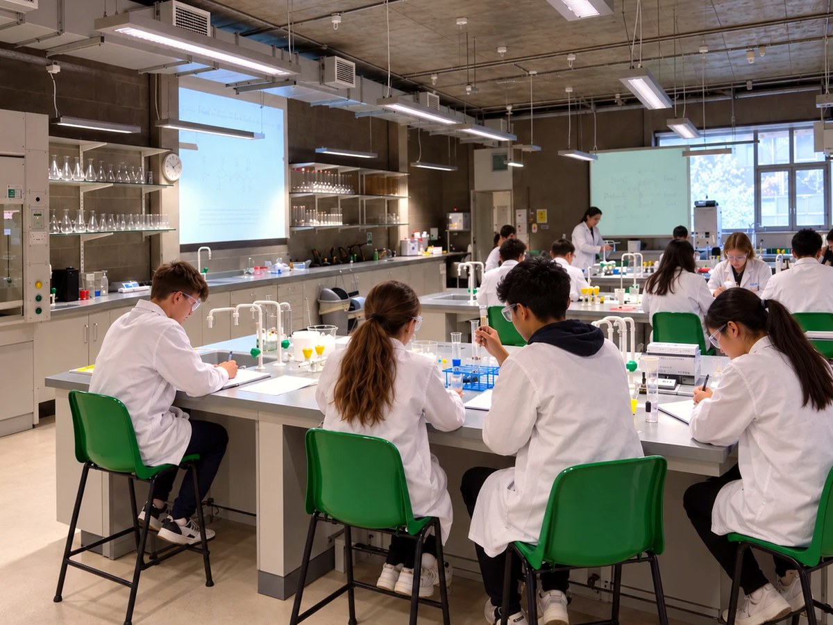 Estudiantes en un laboratorio de ciencias durante un programa en el extranjero