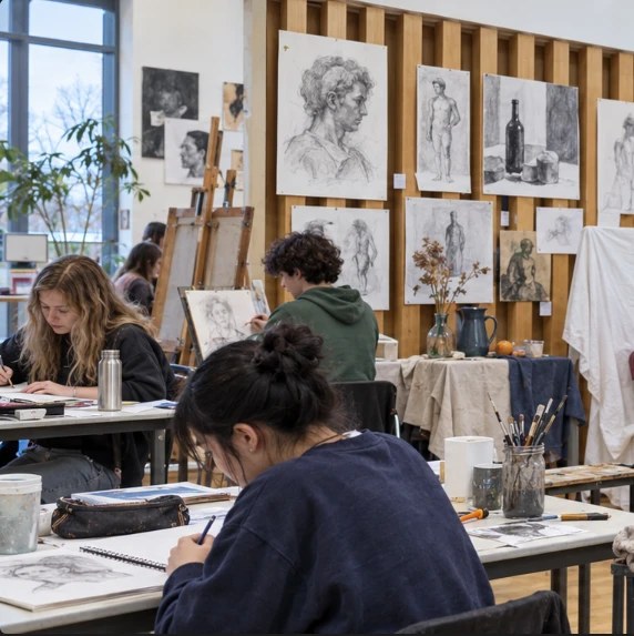 Alumnos dibujando en un aula de arte con retratos colgados en la pared
