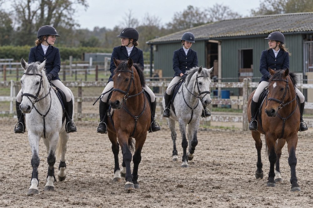 Cuatro alumnas con casco a caballo en una pista de equitación