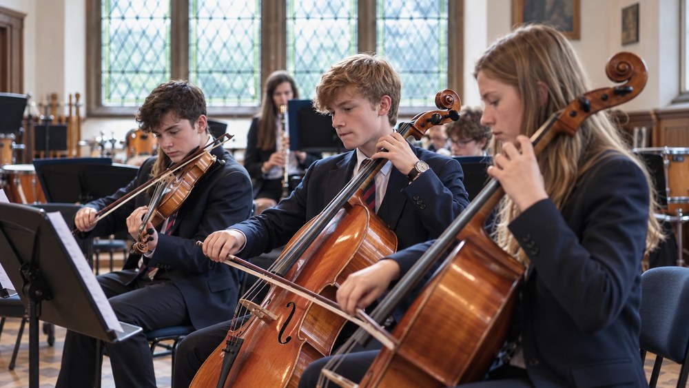 Alumnos con uniforme tocan violín y violonchelo en una orquesta del colegio