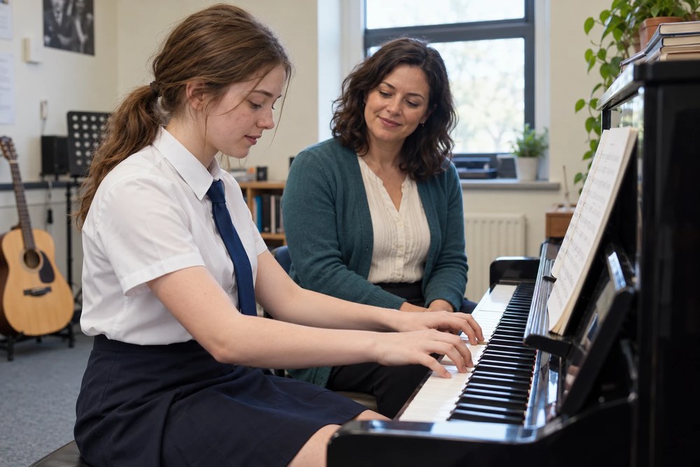 Una alumna toca el piano junto a su profesora