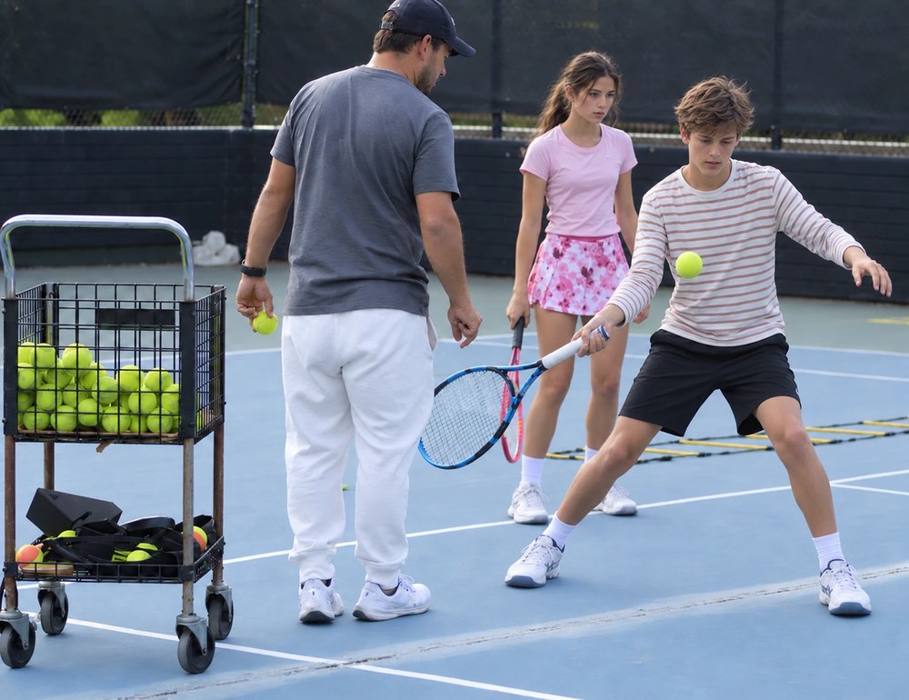 Un entrenador y dos alumnos en una pista de tenis; uno de ellos golpea la pelota