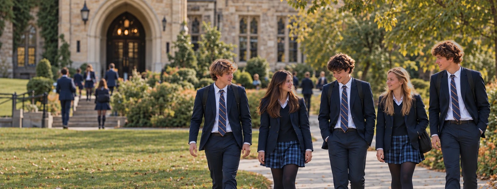 Cinco alumnos con uniforme caminando juntos por el campus de un colegio