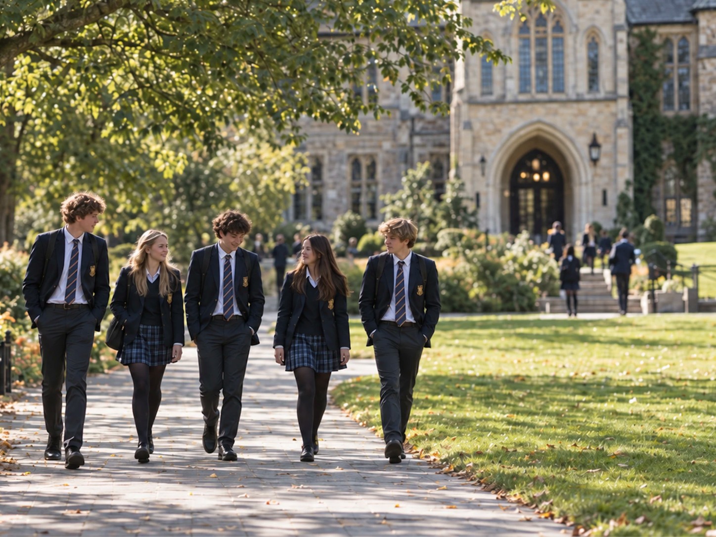 Estudiantes adolescentes de Interlanguage caminando por el campus de un colegio internacional