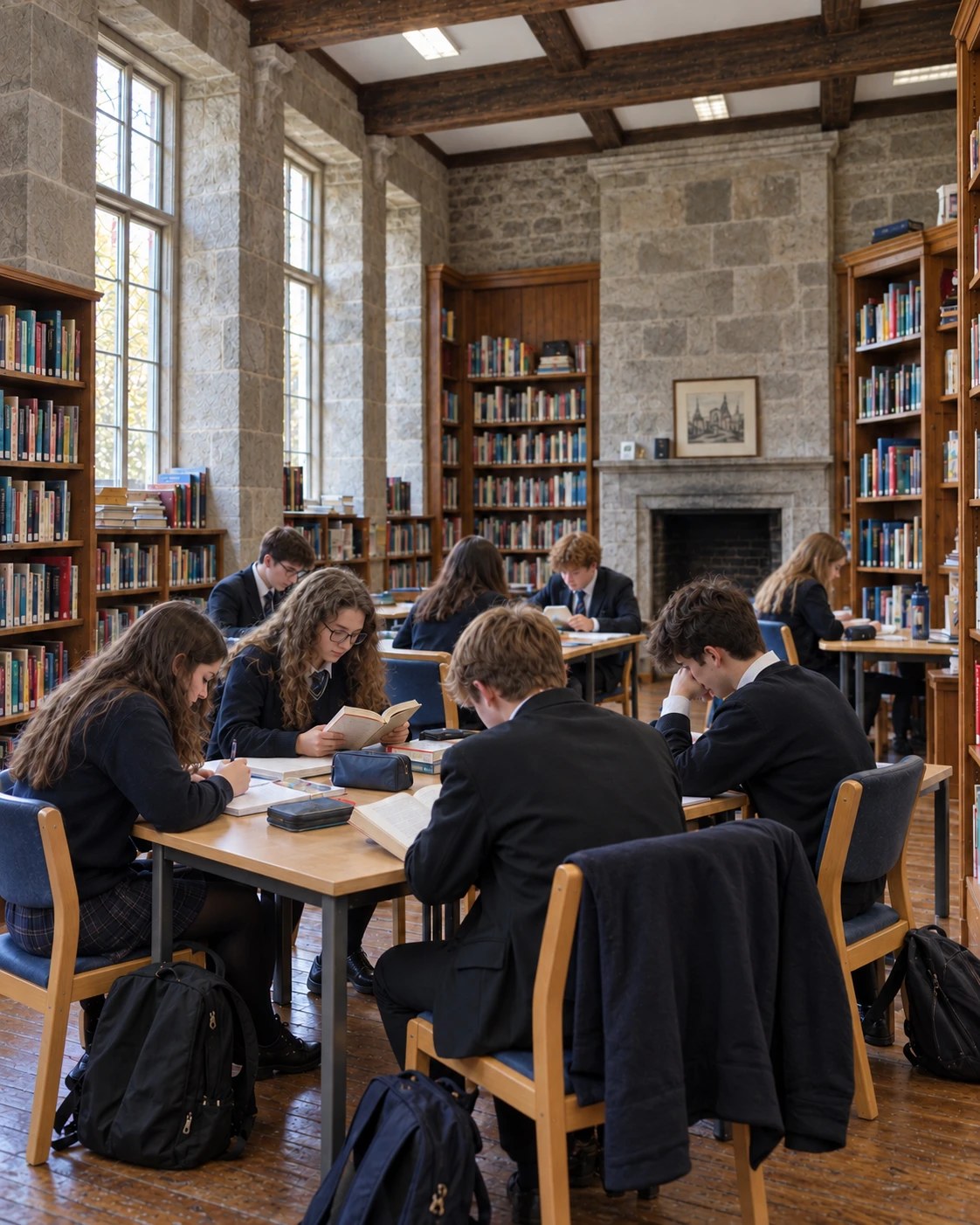 Alumnos estudiando en una biblioteca con estanterías de madera y muros de piedra