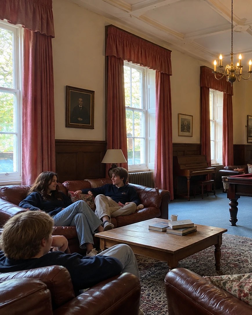 Alumnos charlando en la sala común de un internado, con un billar y un futbolín al fondo