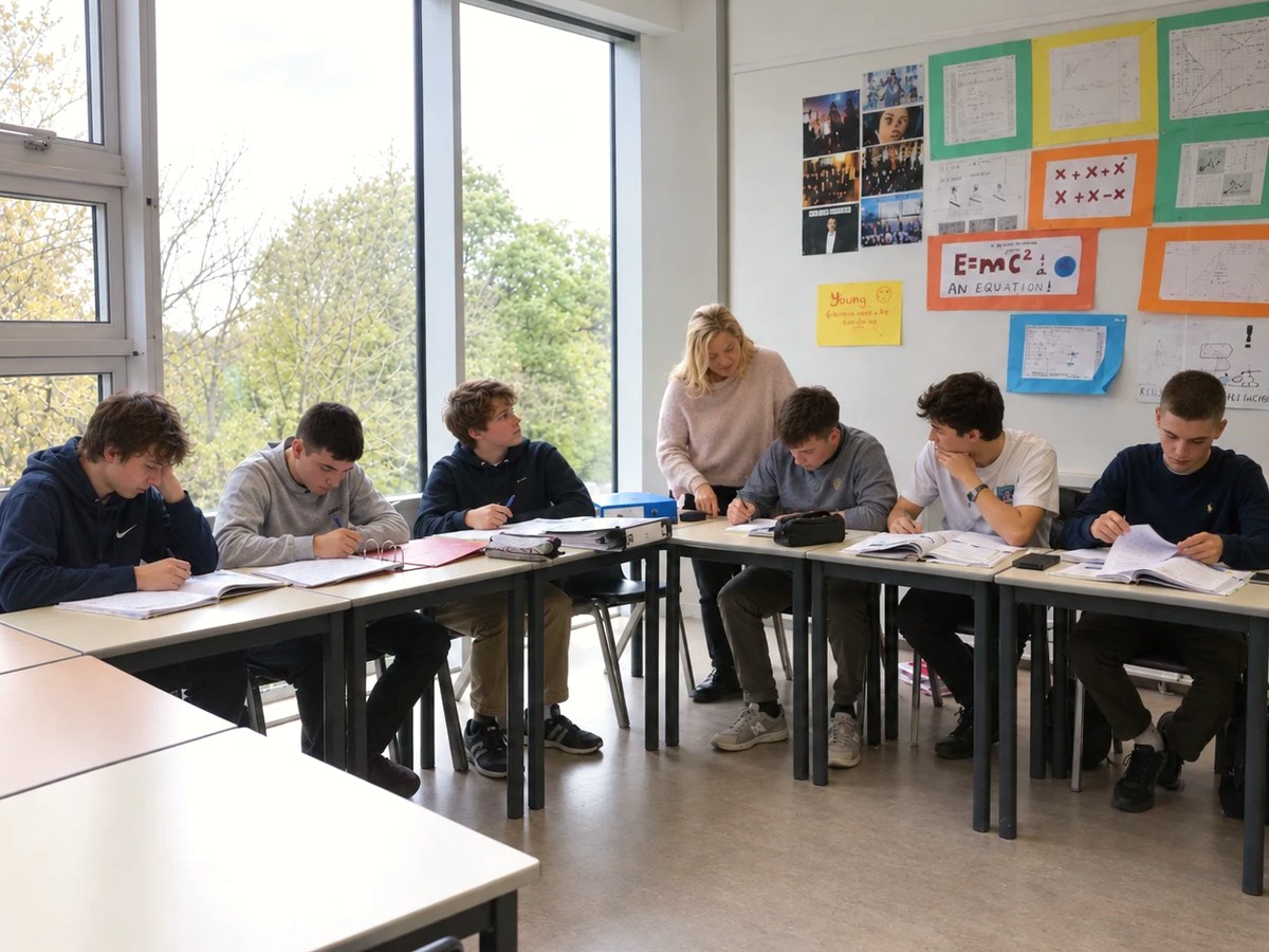 Alumnos adolescentes estudiando en clase con su profesora