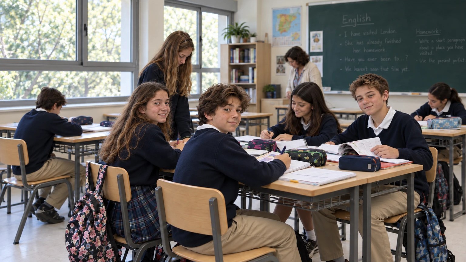 Alumnos de uniforme en una clase de inglés, con su profesora al fondo
